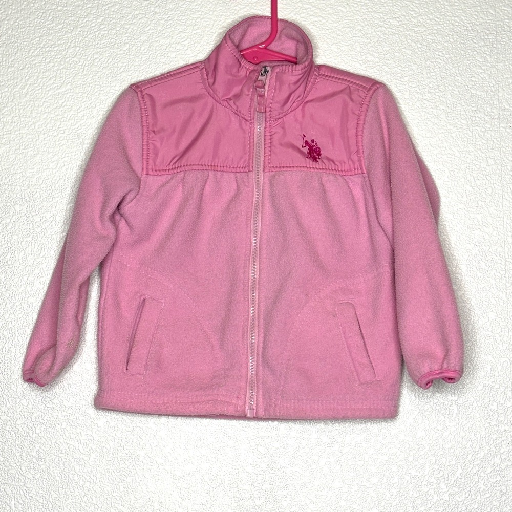 U.S. Polo Assn Girls Coat Pink‎ Fleece Jacket Zip Up Embroidered Logo Size 3T